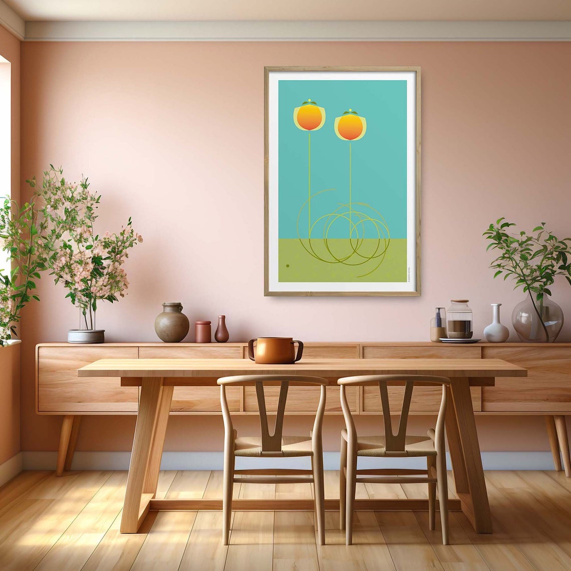 Orange Tulip Blooms Poster Retro Turquoise Botanical Modern Art - Image 5
