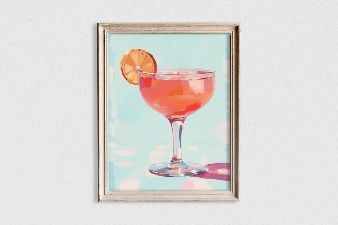 Pink Citrus Cocktail Coupe Glass On Turquoise Retro Art Poster - Image 2