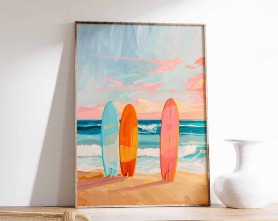 Pastel Three Surfboards on Beach Ocean Sunset Clouds Wall Art