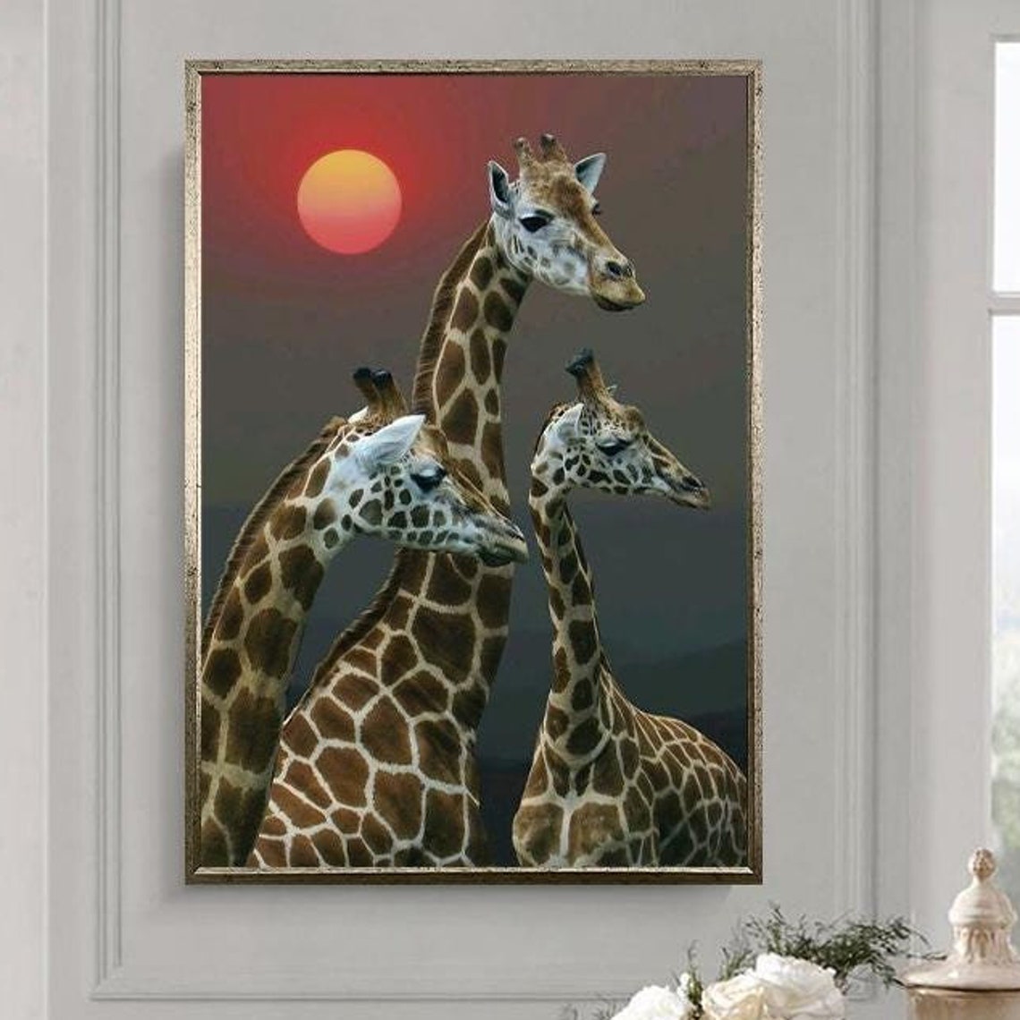 Three Giraffes Silhouetted By A Giant Red Sun African Safari Poster