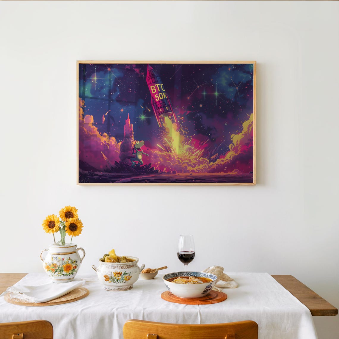 Rocket Launch Poster Maximalist Retrofuturism Pixel Art Neon Colors Vibrant Print Galactic Decor Scifi Wall