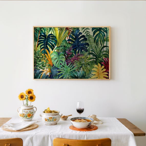 Tropical Plants Wall Art Maximalist Modern Watercolor Gouache Dreamy Vibrant Hues Muted Tones Highly Detailed