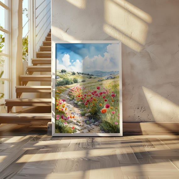 Impressionist Anime Field Of Flowers Poster Watercolor Art Print Dreamy Details Warm Pastel Palette Whimsical Wall 20 X 28