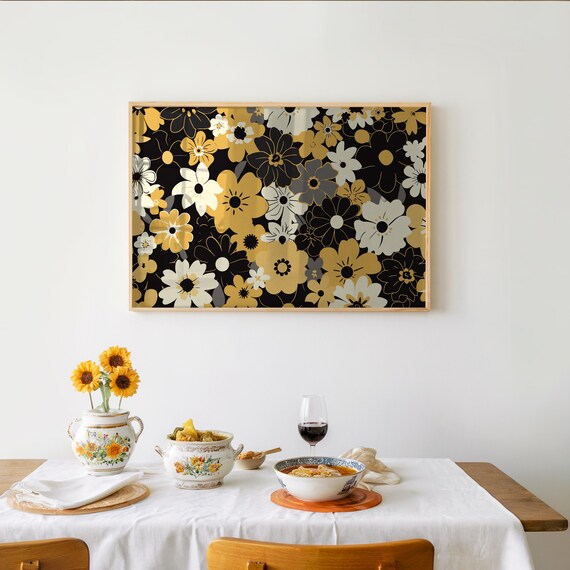 Bold Retro Black Gold White Daisy Floral Pattern Botanical Art Poster