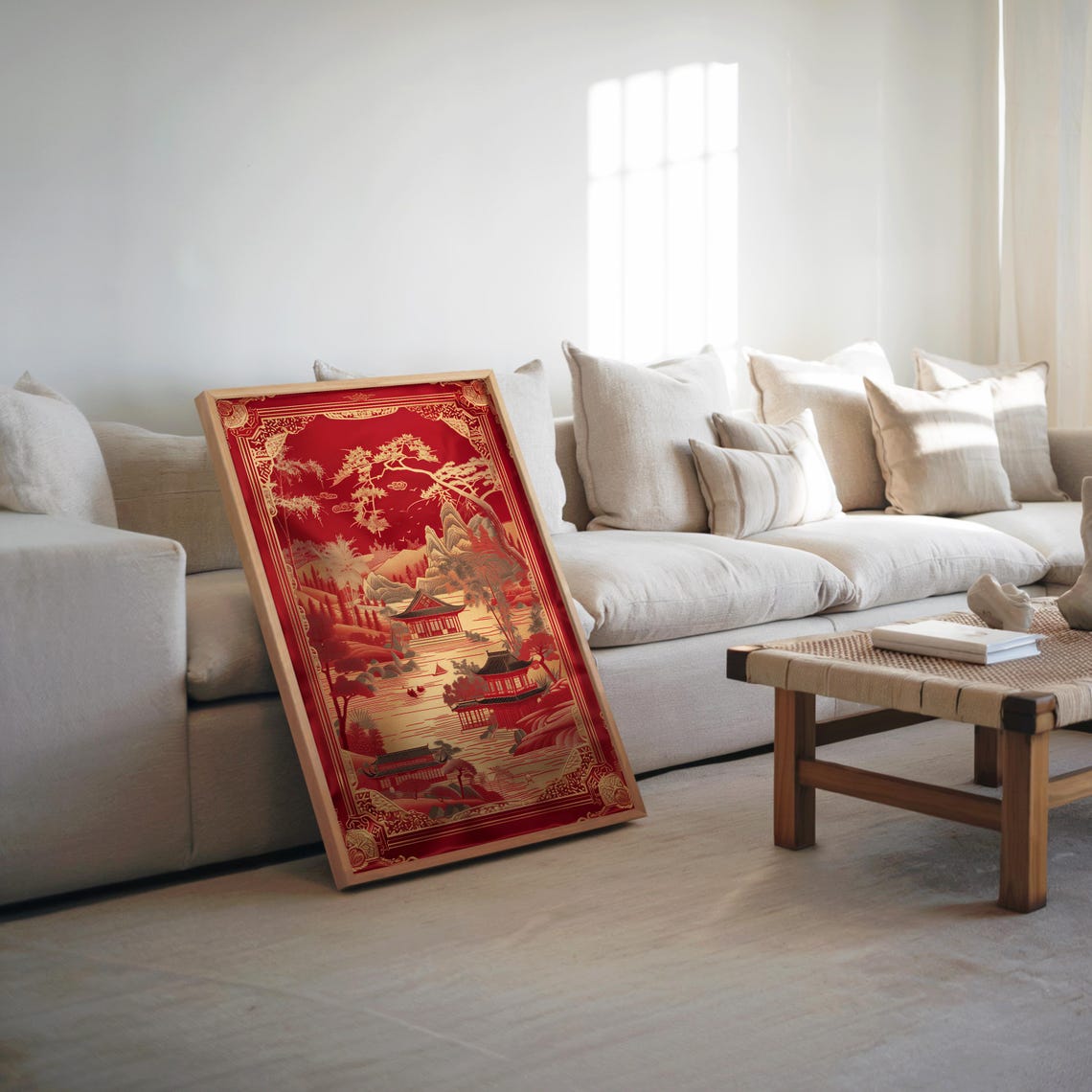 Golden Red Chinese Palace Pagoda Mountain Oriental Decor Poster