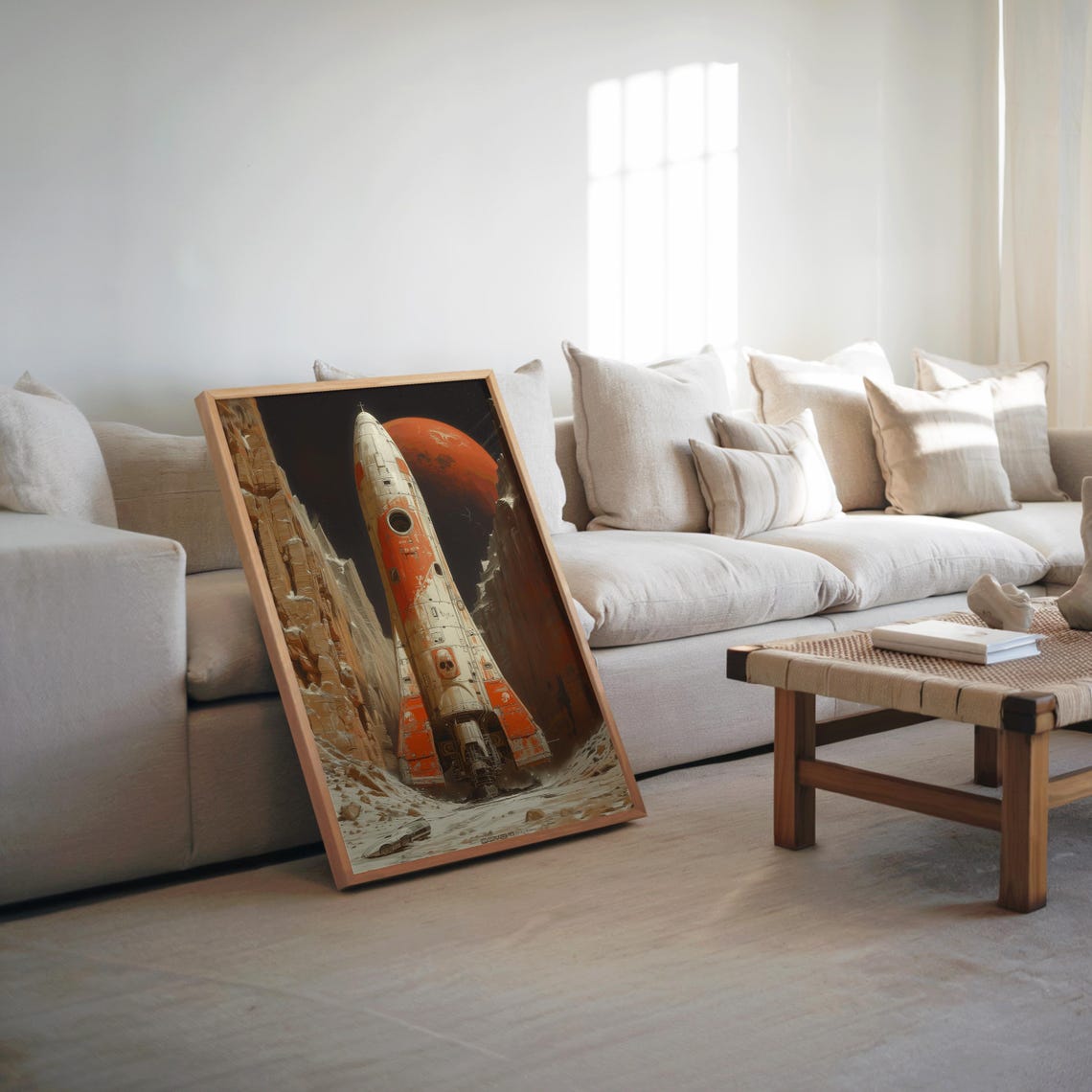 Space Shuttle Amidst Desert Red Planet View Retrofuturism Brutalism 3d Render Art Warm Sepia