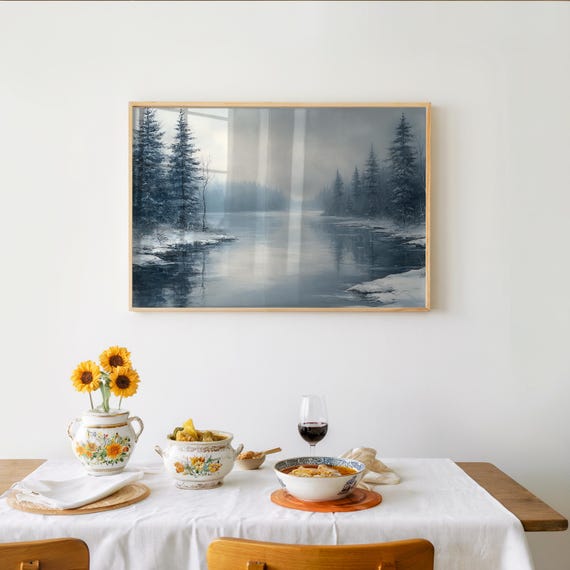 Impressionist Snowy Forest River Poster Oil Acrylic Art Dreamy Pastel Palette Photorealistic Style Muted Tones