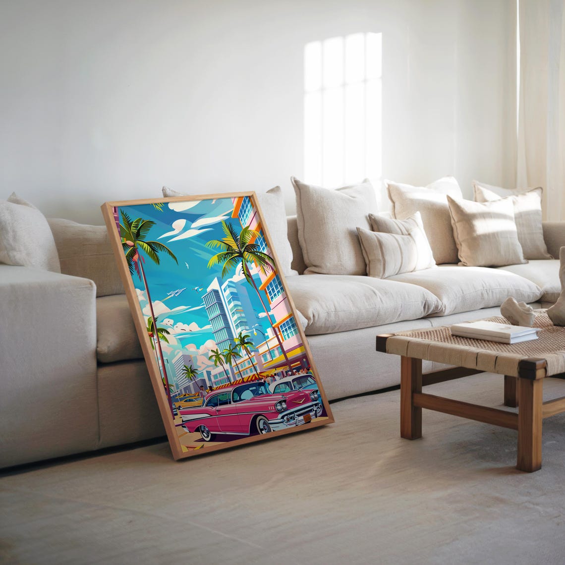 Miami Beach Retro Pink Classic Car Palm Trees Art Deco Travel Poster