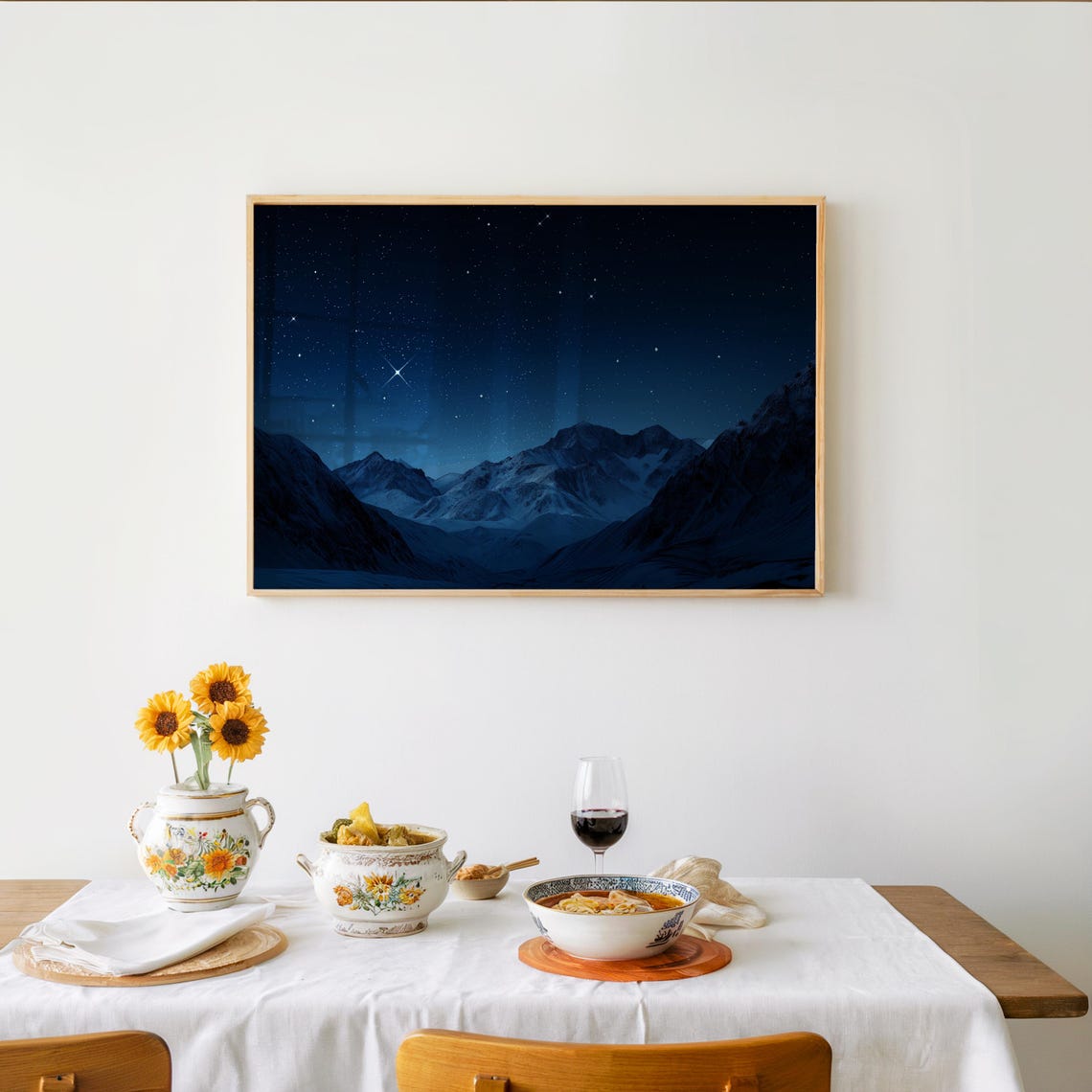 Snowy Mountain Night Sky Stars Minimalist Landscape Art Poster