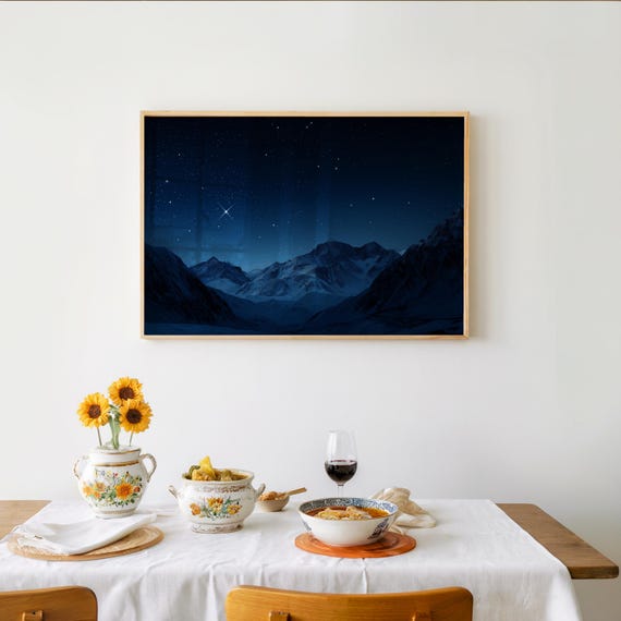 Minimalist Snowy Mountain Range Night Sky Poster Black White 3d Render Photo Manipulation Art Starry Single