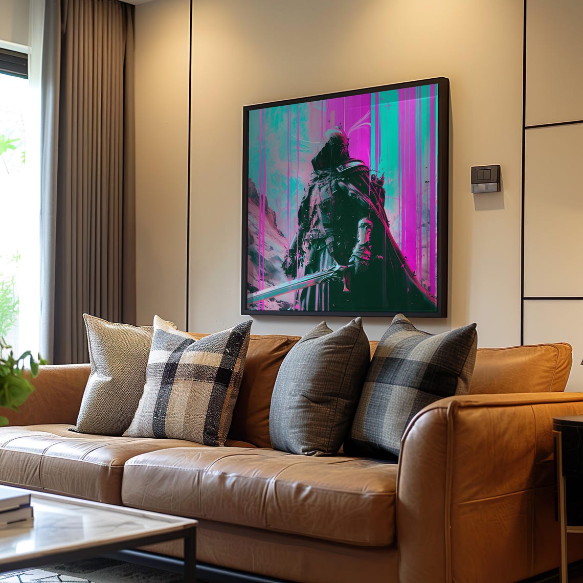 Synthwave Knight Sword Neon Pink Blue Vaporwave Warrior Art Poster