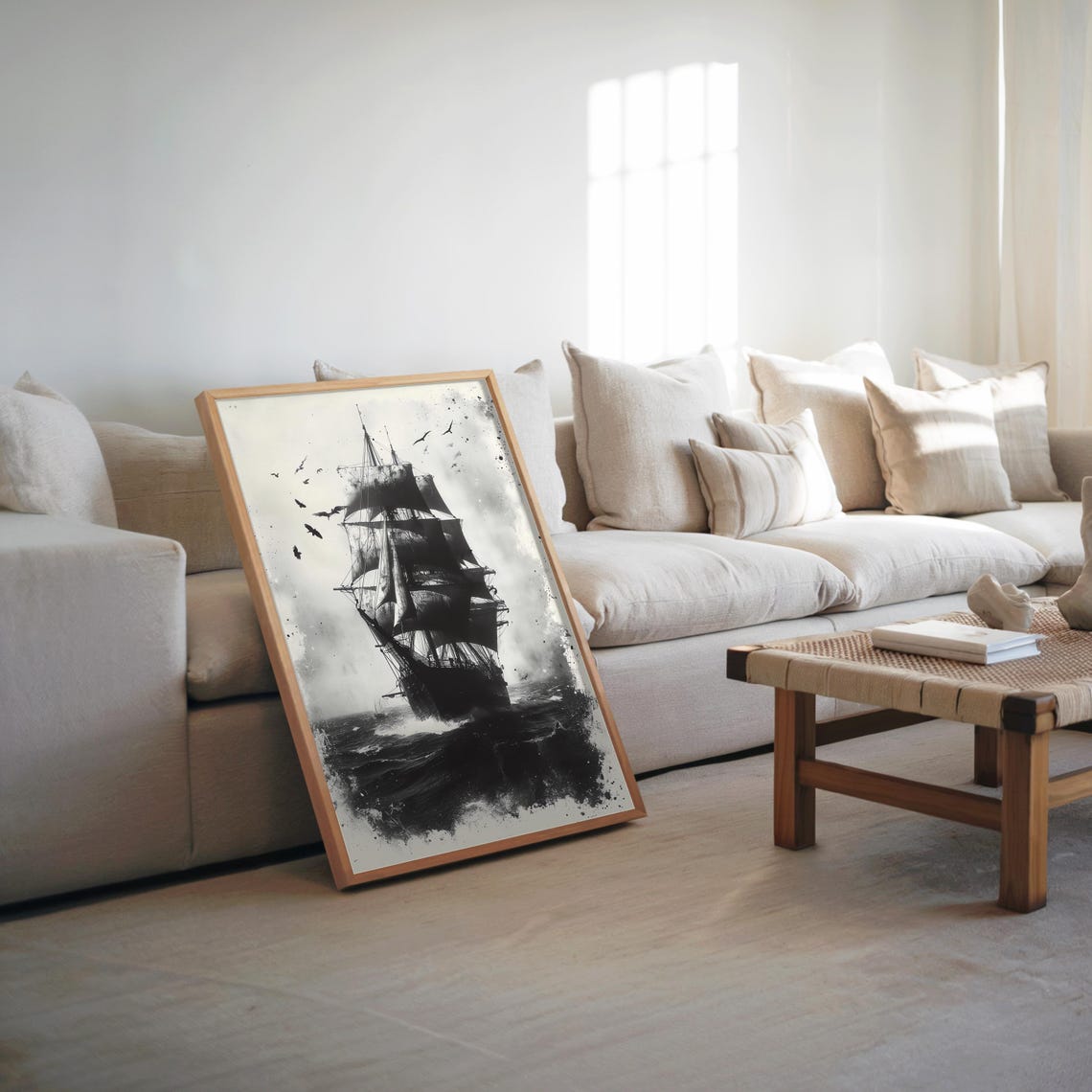Tall Ship Stormy Sea Black Ink Duotone Nautical Sailing Poster