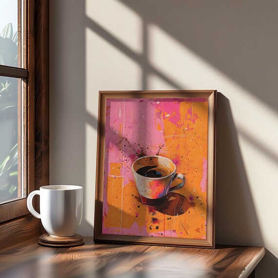 Vibrant Pop Art Coffee Cup Pink Orange Maximalist Poster Home Decor