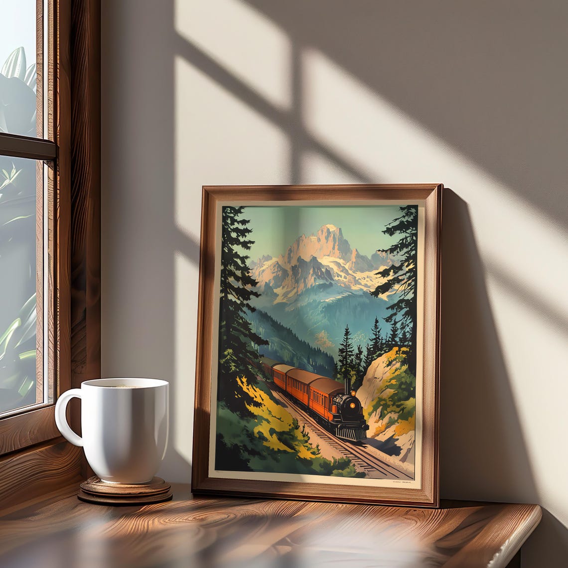 Vintage Steam Train Alpine Mountains Pine Forest Railway Art Poster