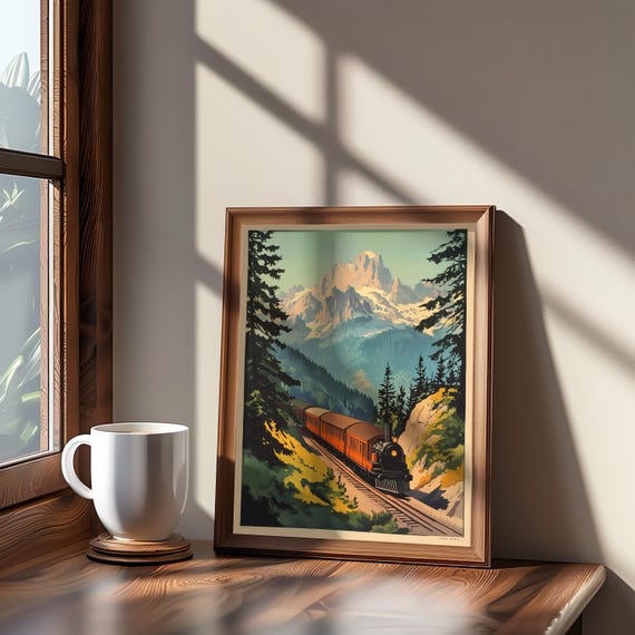 Mountain Range Train Print Muted Colors Medium Screen Unique Collage Wall Decor Art Nature Poster Scenery Artwork