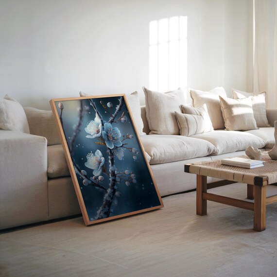 Snowy Cherry Blossom Branch Dark Blue Winter Floral Art Poster