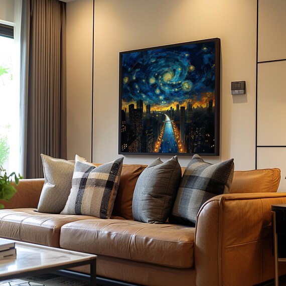 City Skyline River Under Starry Night Impressionism Expressionism Oil Painting Vibrant Colors Unique Wall Art Bold Decor