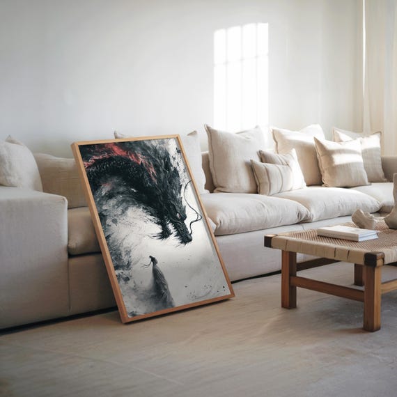 Anime Manga Dragon Poster Black And White Cinematic Art Detailed Illustration Oil Painting Style Palette Wall Decor