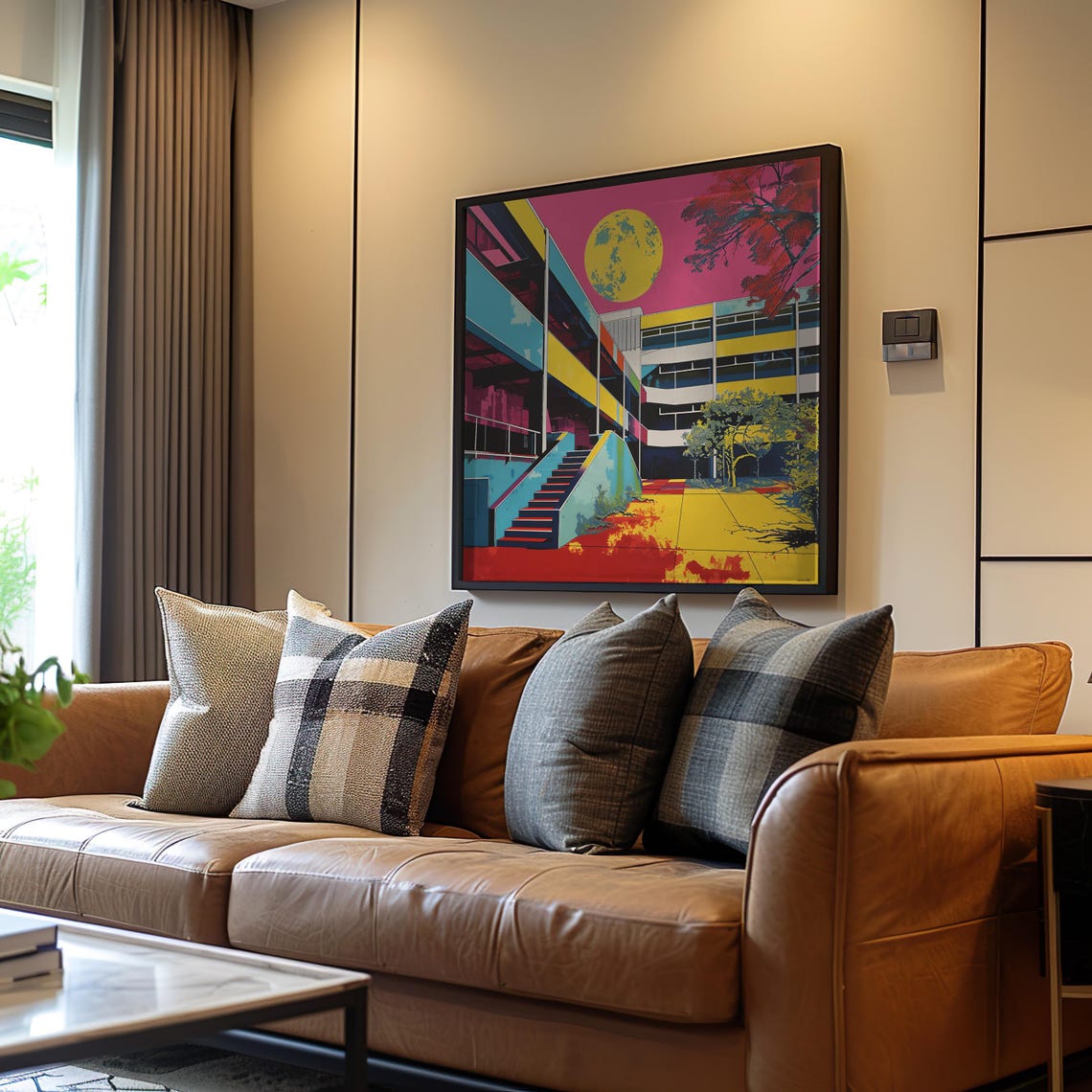 Brutalism Midcentury Poster Modern Moon Screen Print Acrylic Neon Retro Art Vibrant Colors Decor Wall