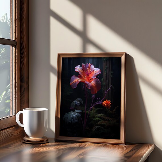 Photorealistic Glowing Forest Flower Dark Moody Botanical Poster