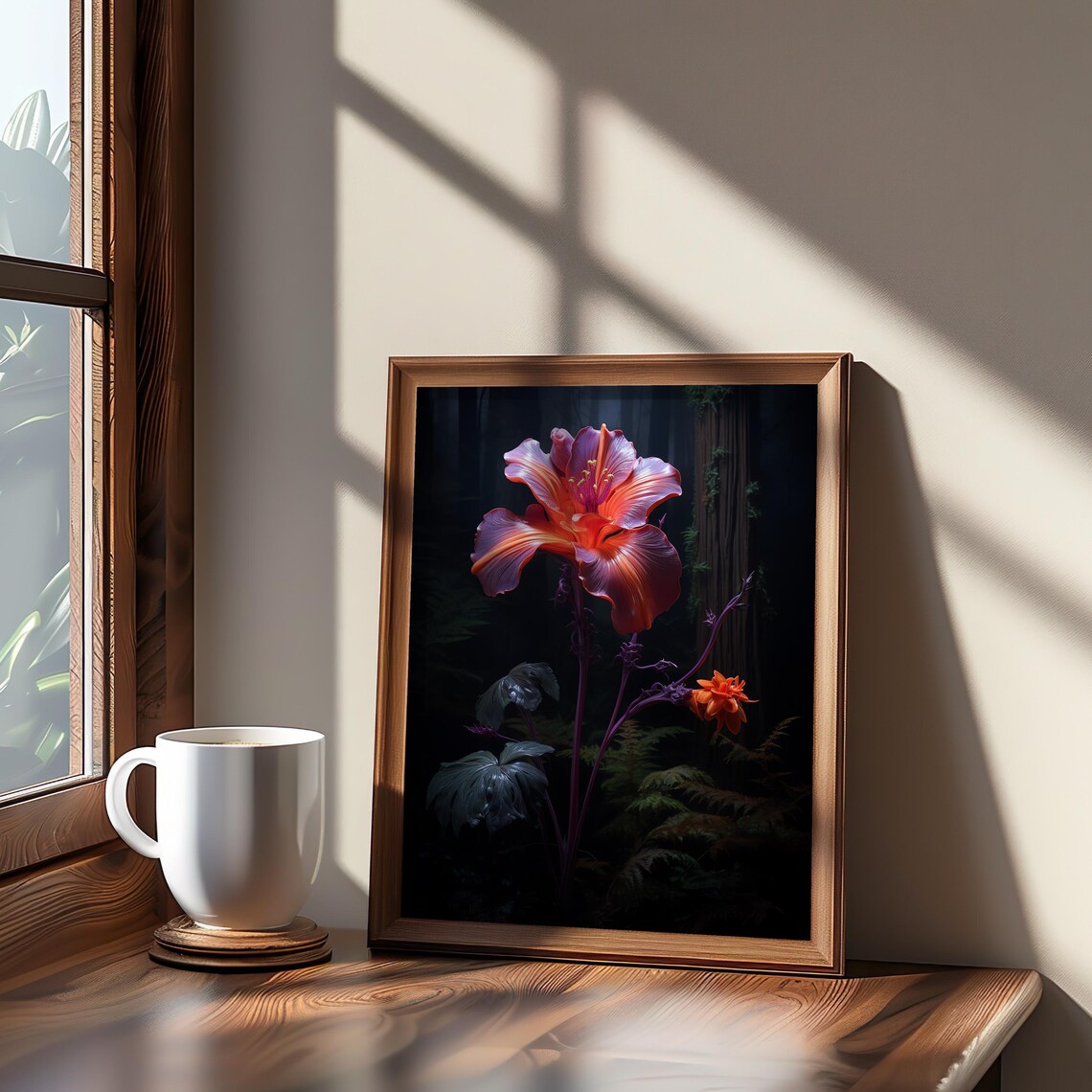 Photorealistic Glowing Forest Flower Dark Moody Botanical Poster