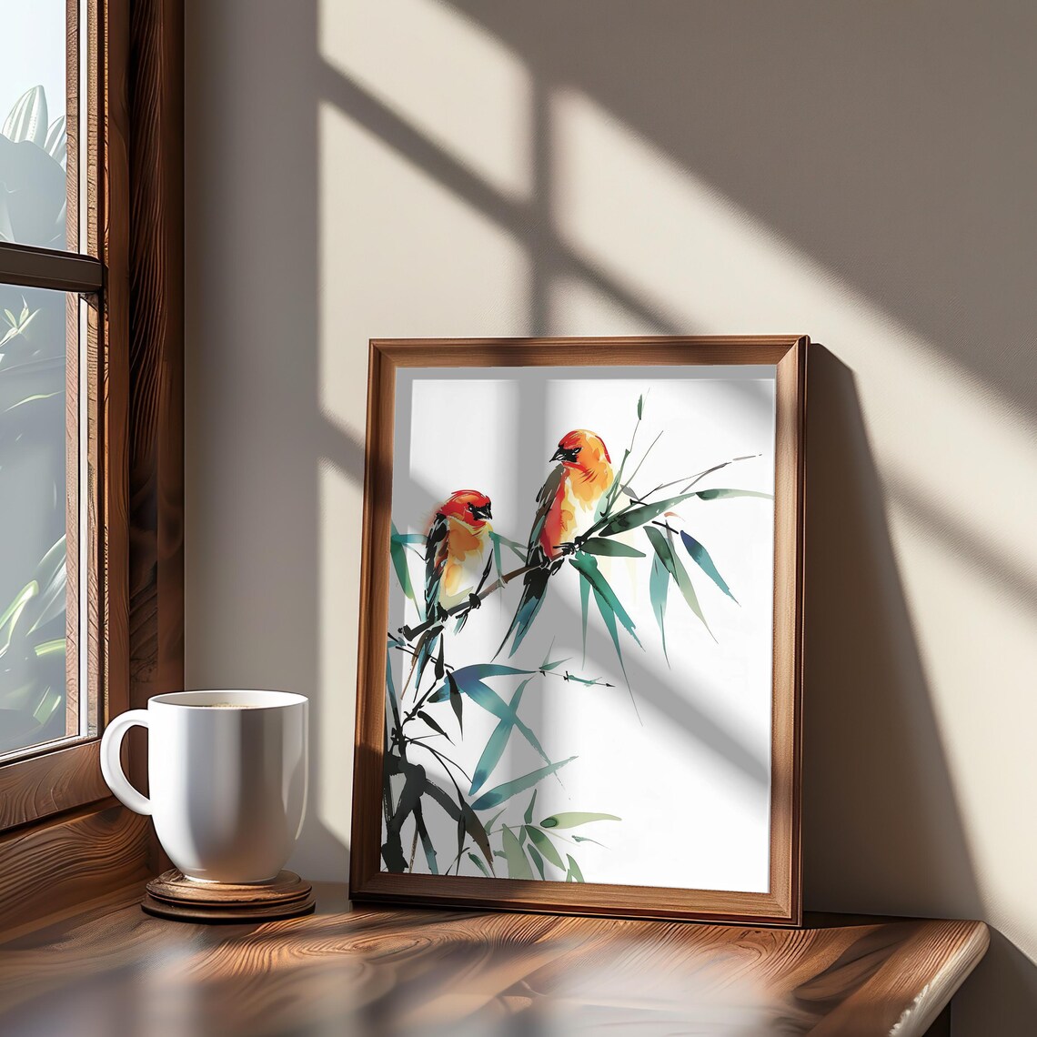 Two Colorful Birds On Bamboo Branch Midcentury Watercolor Bird Poster