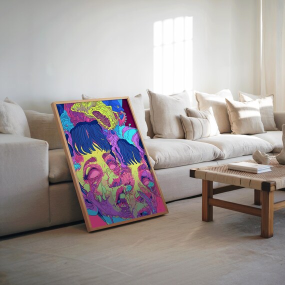 Psychedelic Neon Face Portrait Maximalist Vibrant Abstract Wall Art