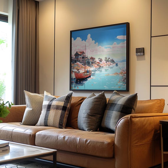 Impressionism Anime Art Dreamy Boat Water Sky Scene Gouache Acrylic Painting Pastel Colors High Detail Poster A