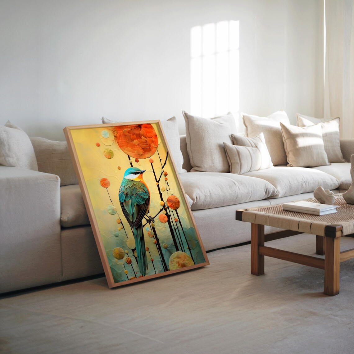 Turquoise Songbird on Branch Textured Oil Painting Style Poster