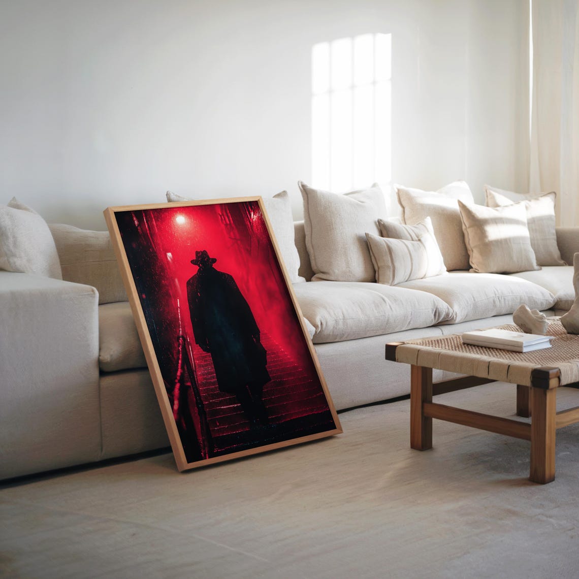 Man in Black Coat Walking Through Red Rain City Night Poster