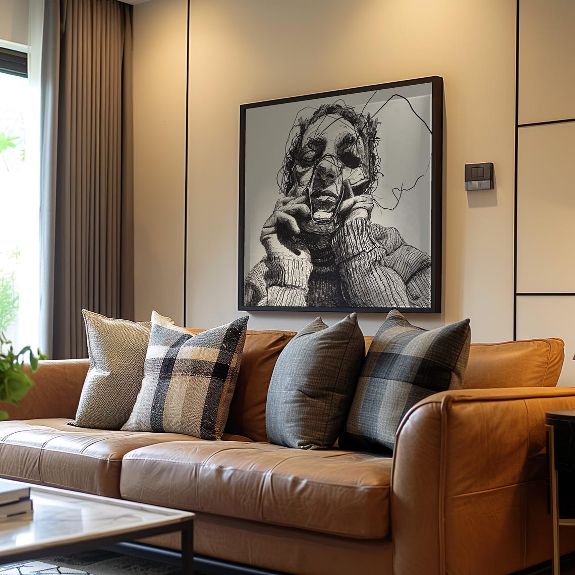 Man With Phone Ink Drawing Monochrome Contemporary Portrait Wall Art