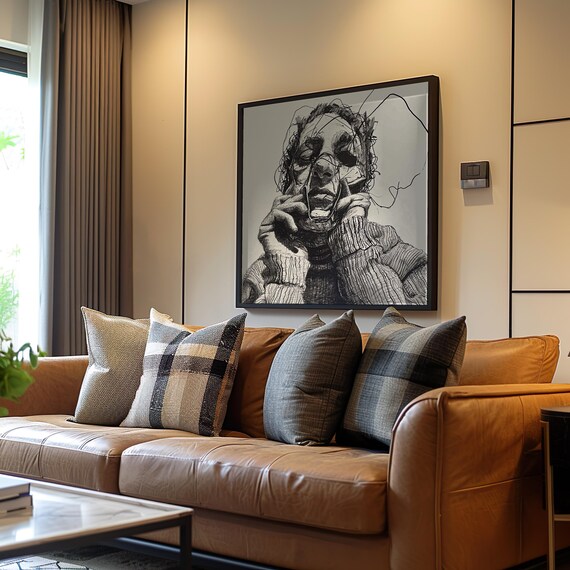 Man With Phone Ink Drawing Monochrome Contemporary Portrait Wall Art
