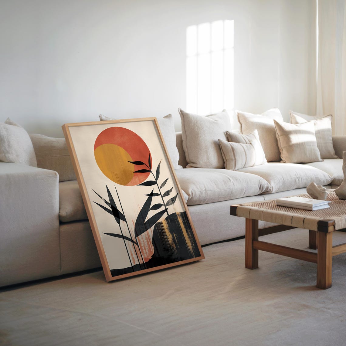 Mid Century Modern Orange Sun Black Foliage Minimalist Wall Poster
