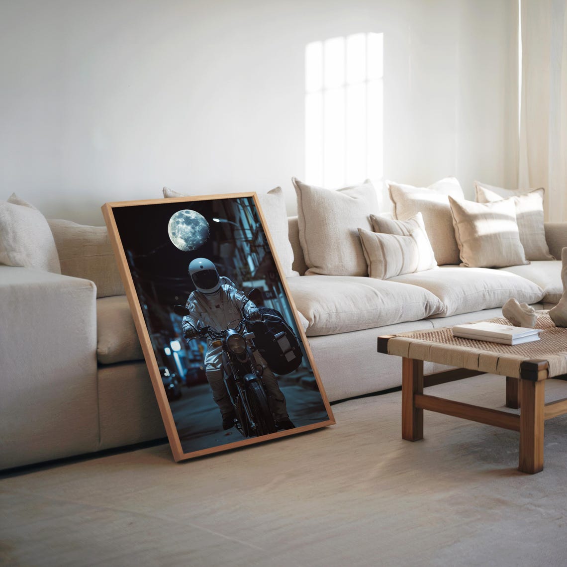 Astronaut Motorcycle Moonlit Night Surreal Sci Fi Space Poster