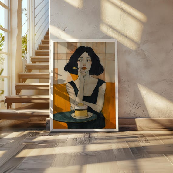 Pastel Gouache Woman With Cake Spoon Table Scene Art Illustration Contemporary Poster Wall Decor 20 X 28
