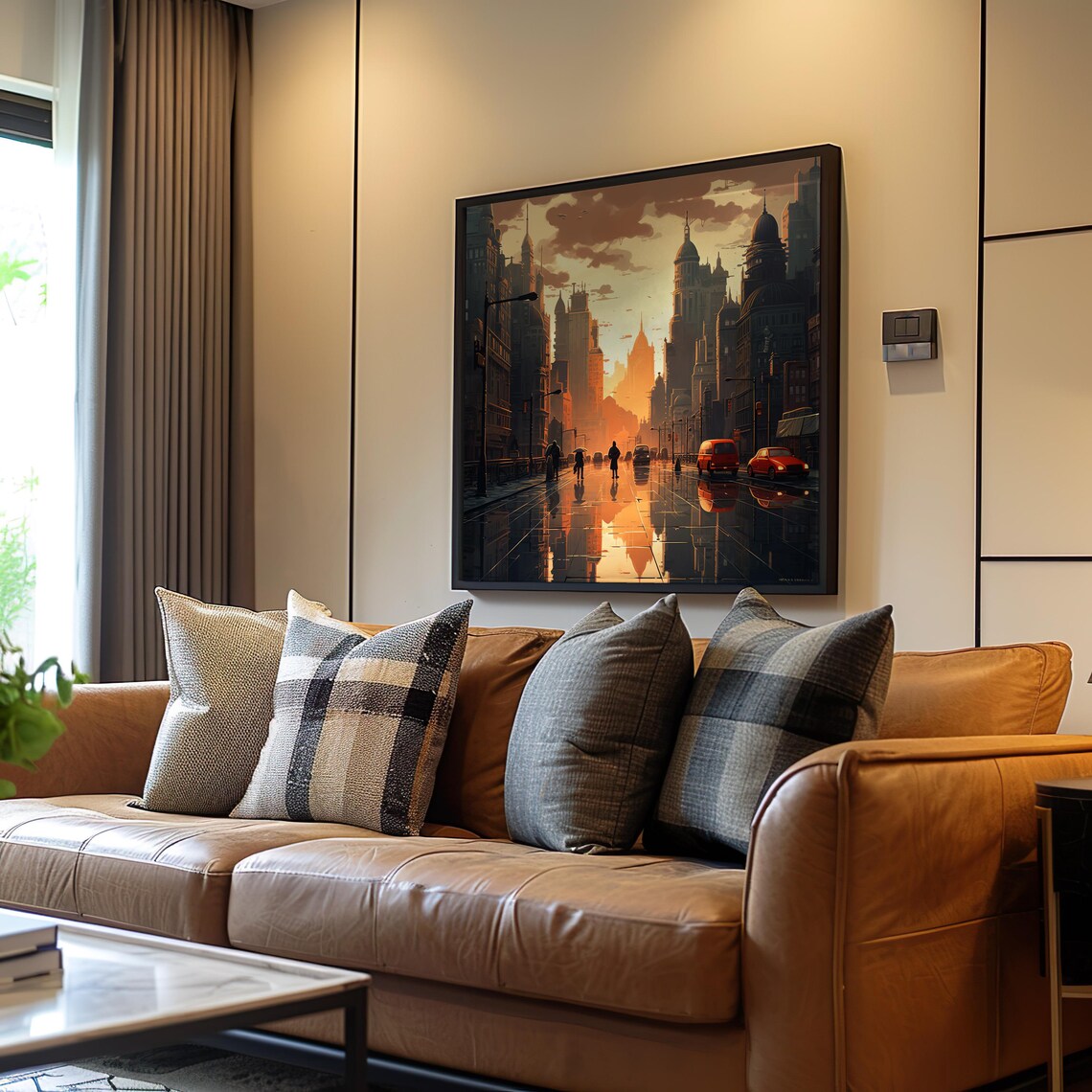 Rainy City Street Sunset Reflections Urban Watercolor Poster