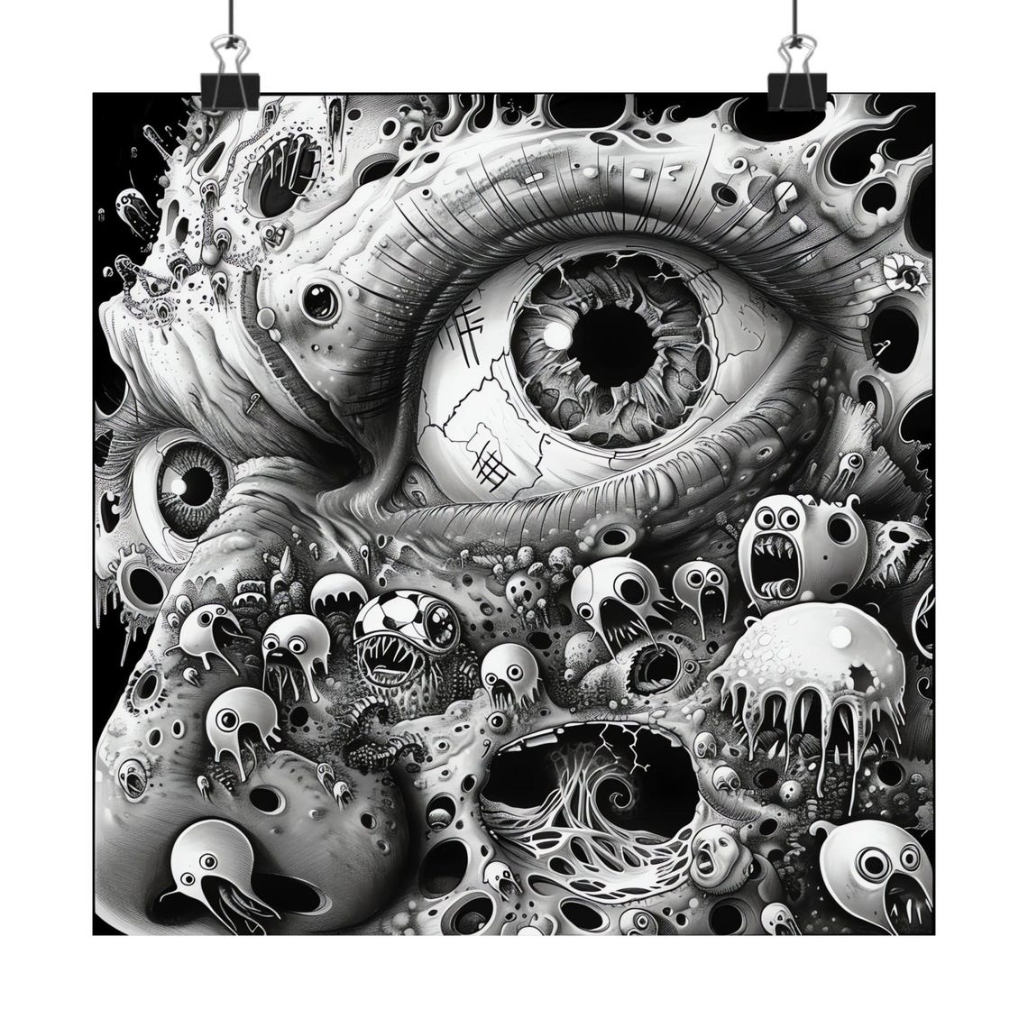 Surreal Eye Skulls Poster Black White Pixel Art Airbrush Technique Gritty Psychedelic Detail Print Home Wall