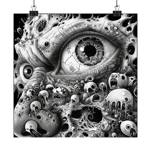 Surreal Eye Skulls Poster Black White Pixel Art Airbrush Technique Gritty Psychedelic Detail Print Home Wall