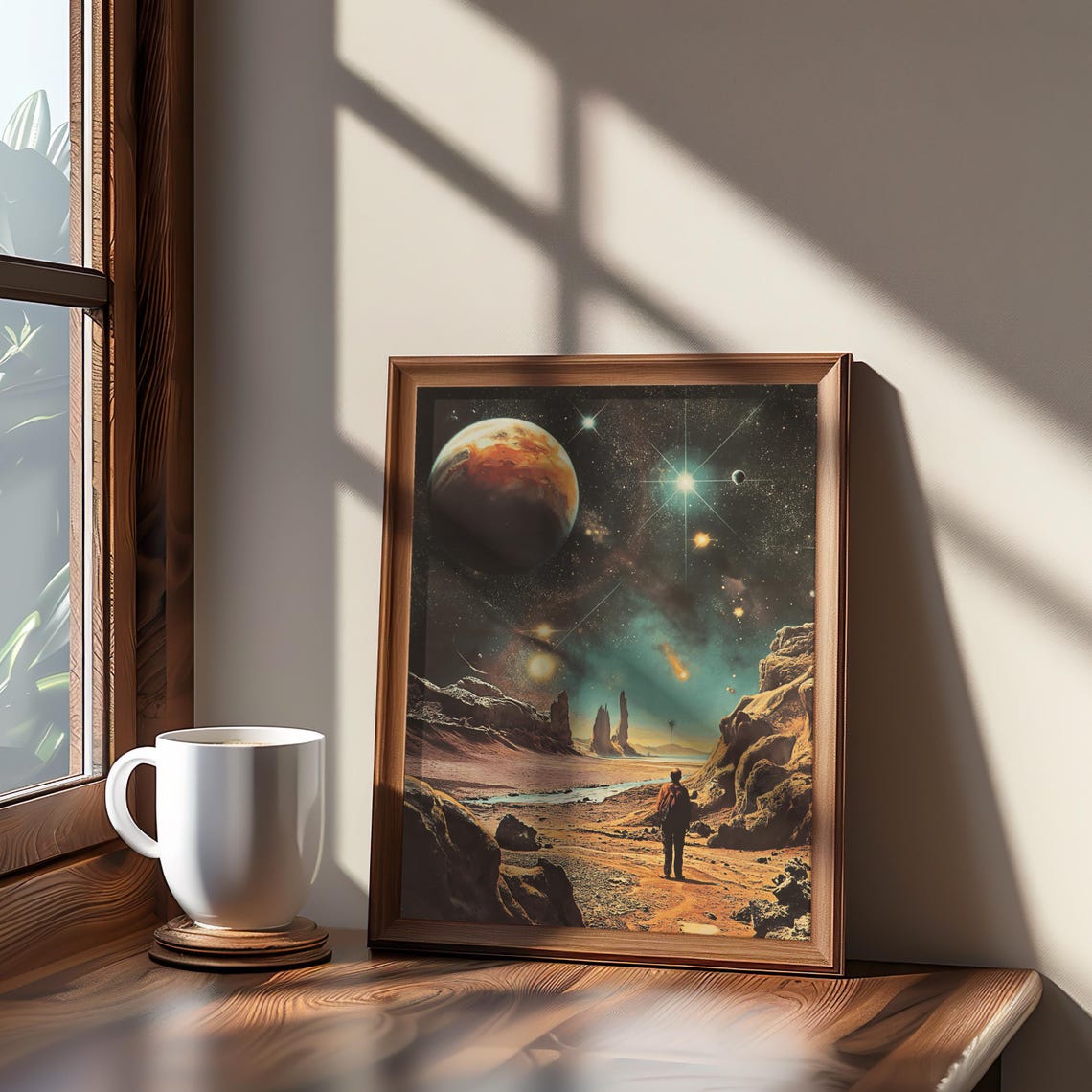 Astronaut on Alien Planet Giant Planet Sky Cosmic Sci Fi Poster