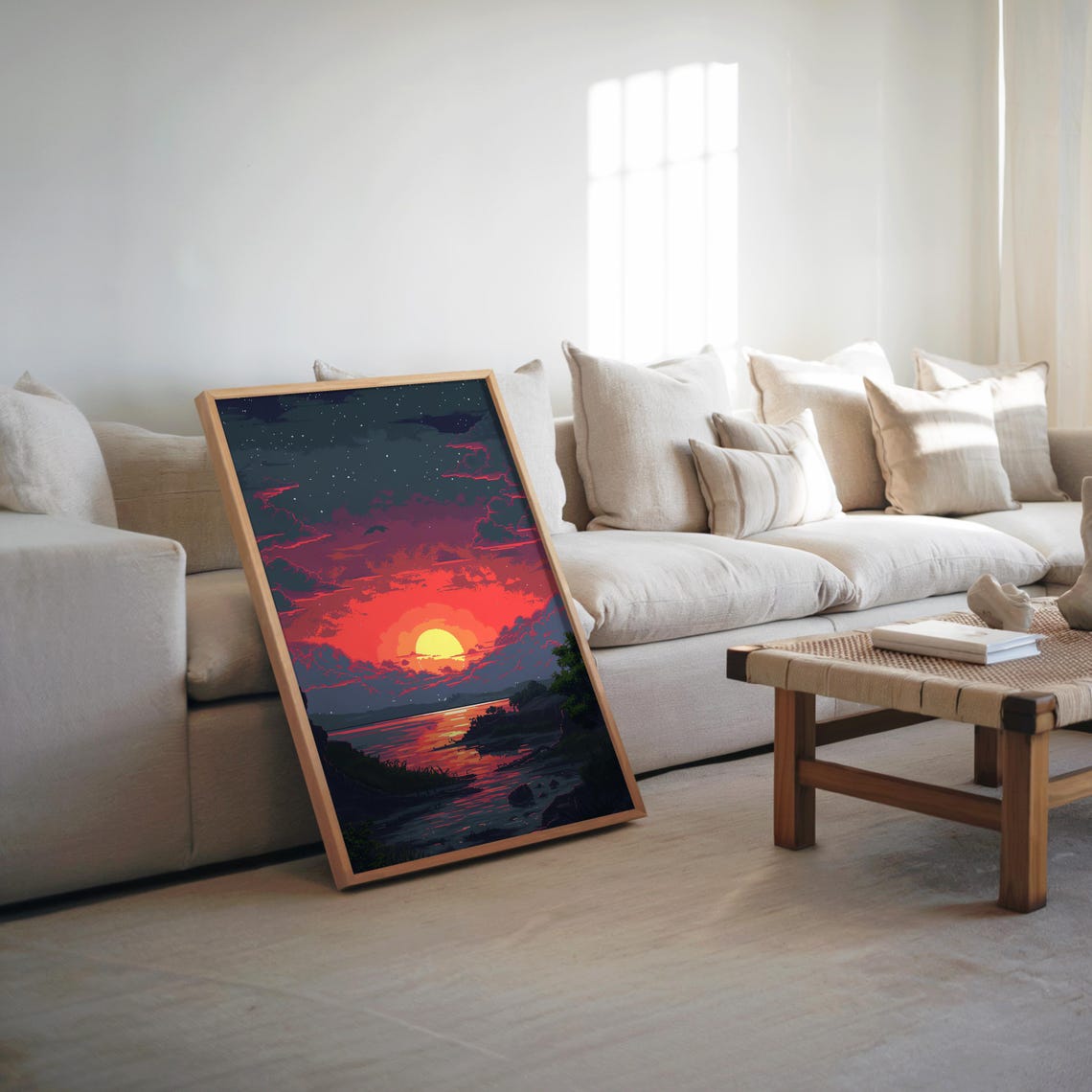 Sunset Body Water Trees Lofi Synthwave Pixel Art Illustration Vibrant Warm Tones Poster V