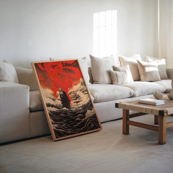 Psychedelic Red Sky Man Print Water Monochrome Palette Screen Ink Drawing Unique Surreal Art Wall Decor Unusual Poster