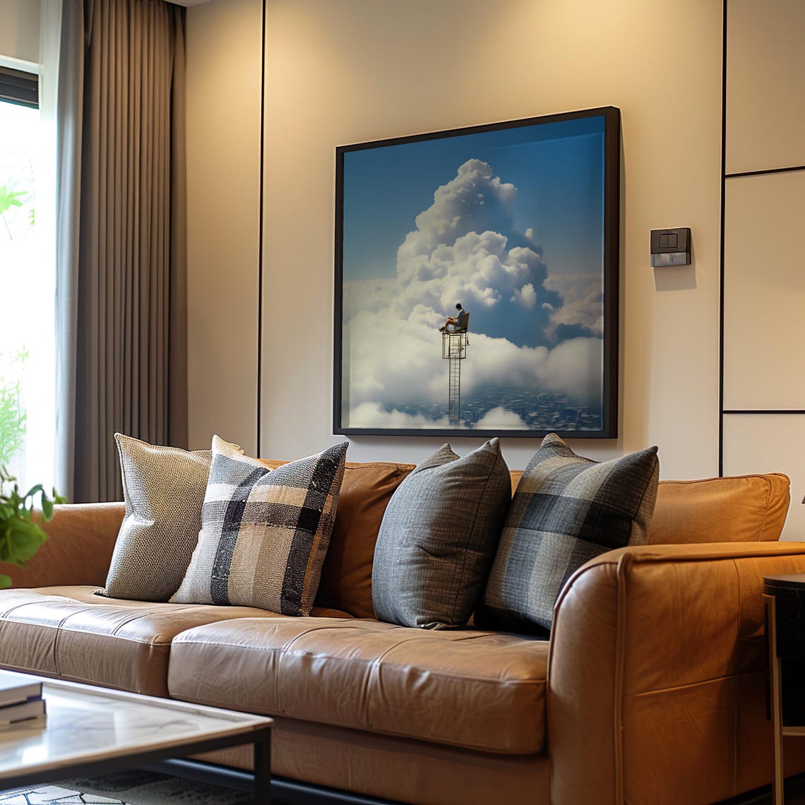 Man Sitting Chair Above Clouds Surreal Dreamlike Sky Art Poster