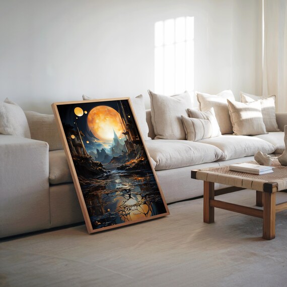 Psychedelic Cityscape Vibrant Water Poster Dreamy Neon Vibe Art Highly Detailed Oil Painting Colors Decor