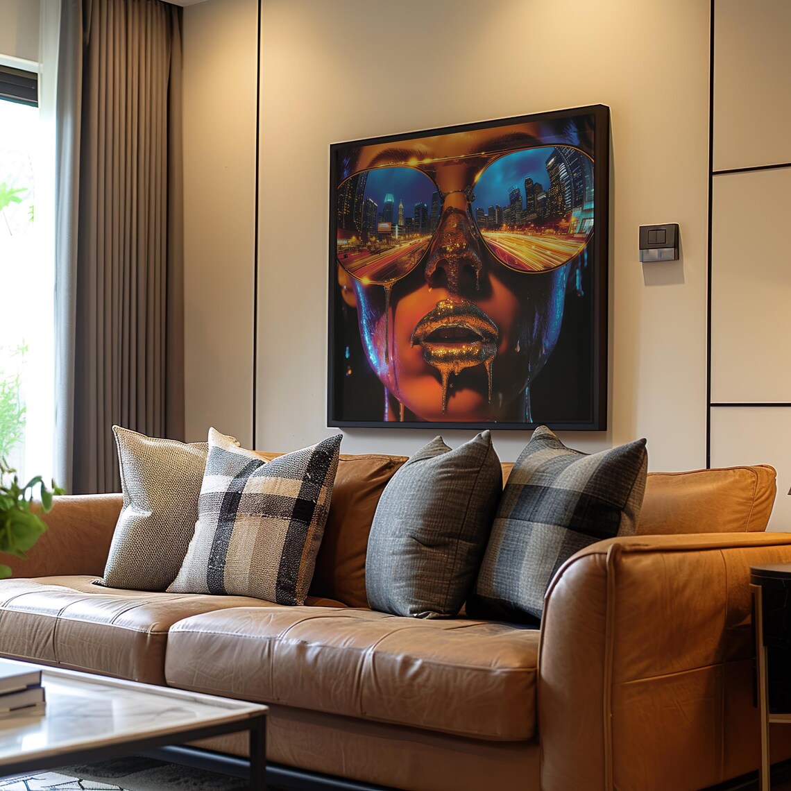 Psychedelic Womans Face Reflection Sunglasses Cityscape Vibrant Airbrush Photo Manipulation Poster Maximalist Art Wall Dcor