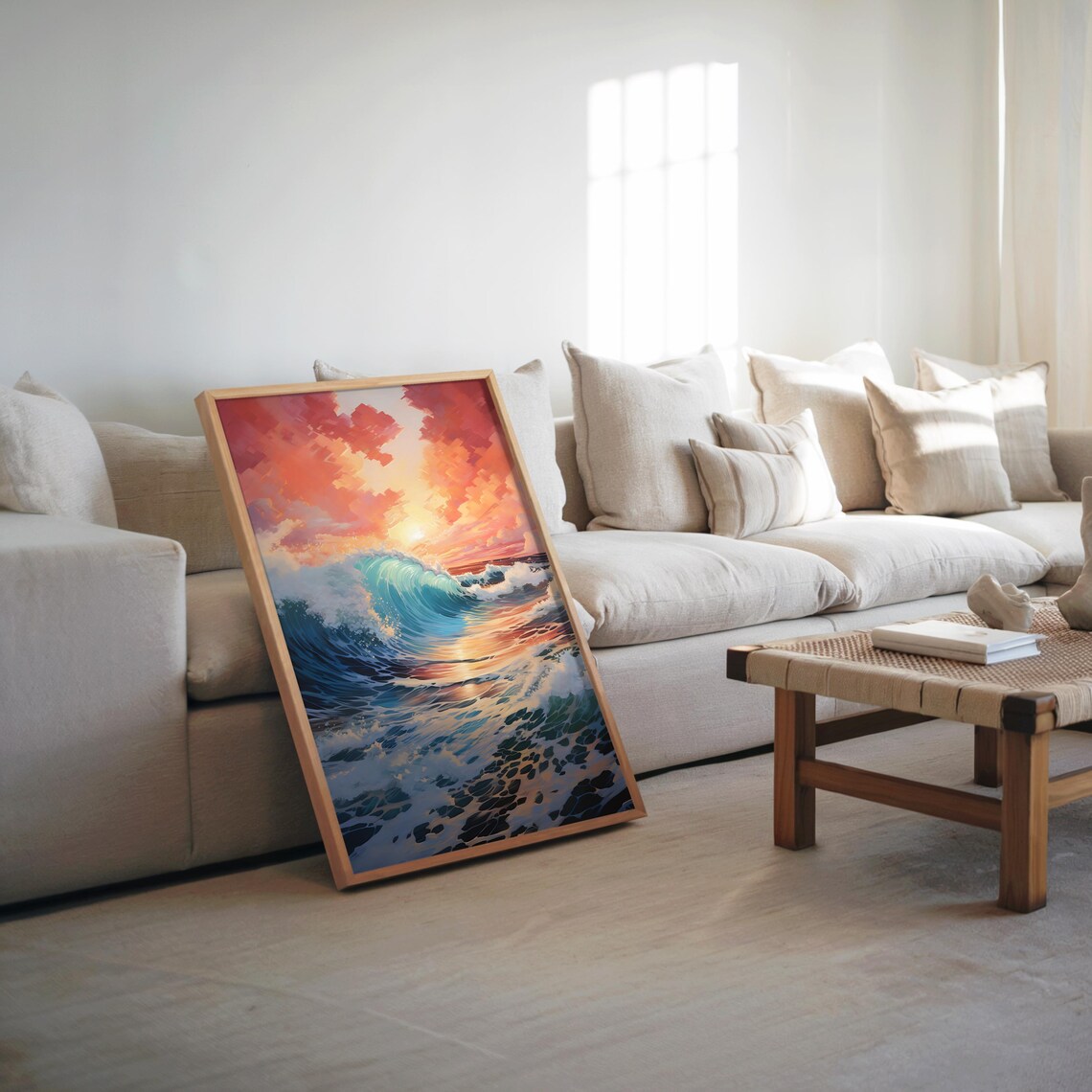 Impressionistic Ocean Wave Sunset Psychedelic Art Vibrant Colors Dreamy Vibe Wall Decor Poster Abstract Seas