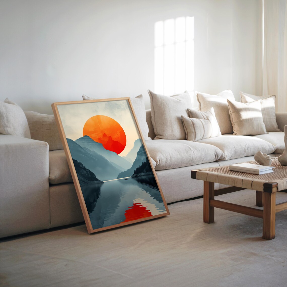 Orange Sunset Over Water Midcentury Modern Vector Art Mountain Landscape Warm Tones Wall Poster Home Decor Abstract Nature