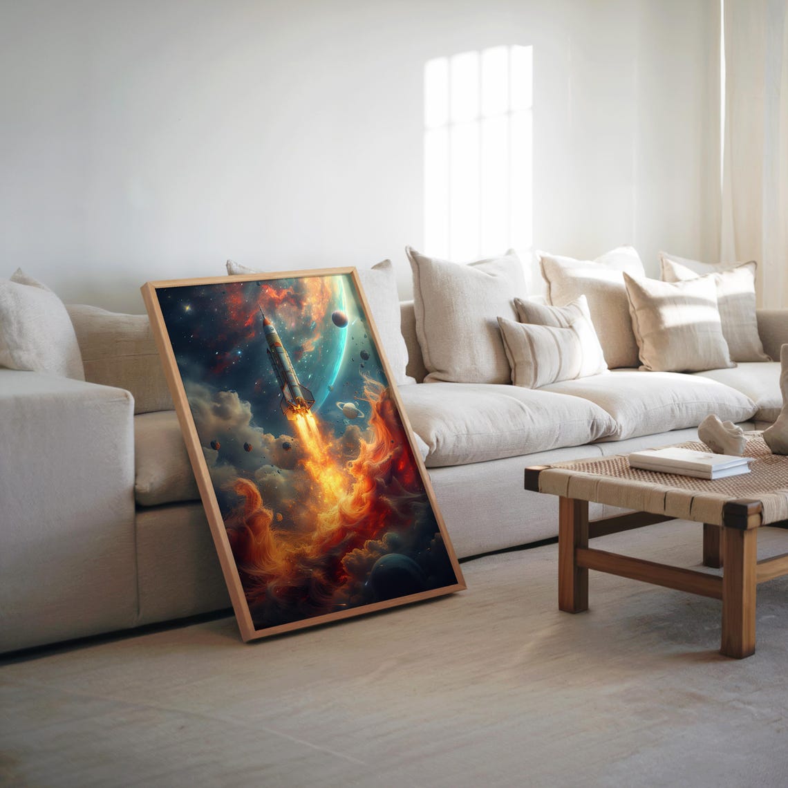Rocket Ship Soaring Past Planets Fiery Orange Space Art Poster