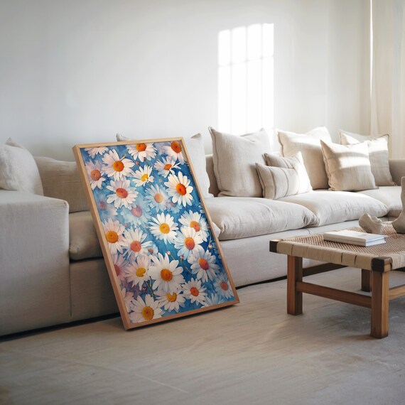 White Daisy Blue Background Watercolor Floral Pattern Poster