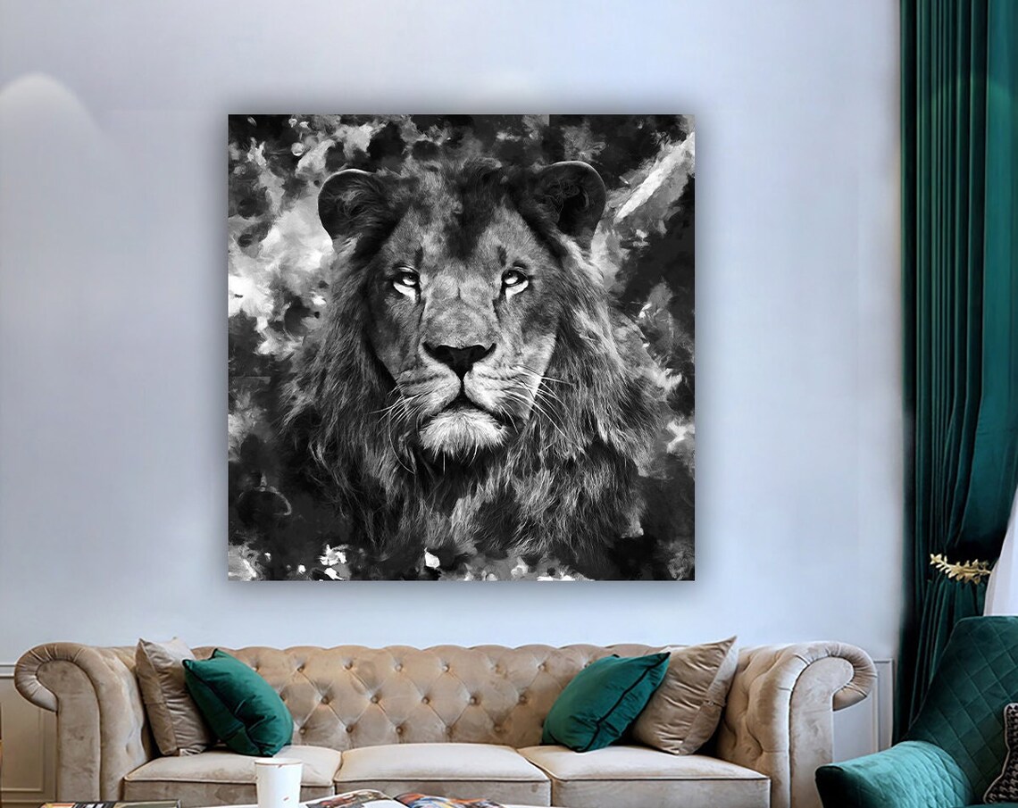 Black And White Lion Head Abstract Splash Portrait Wild Animal Art Print