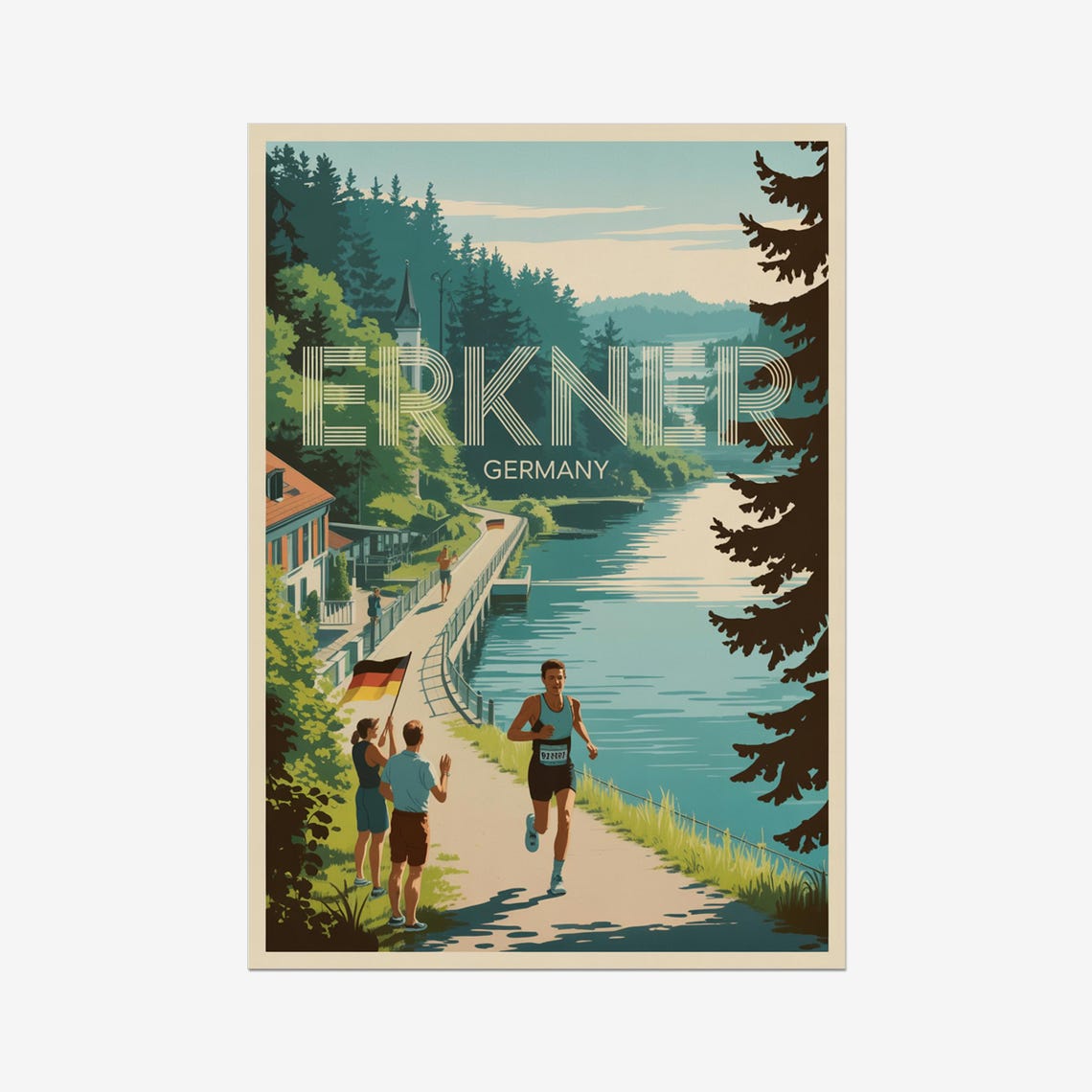 Erkner Germany Riverside Path Runner Retro Triathlon Sports Poster